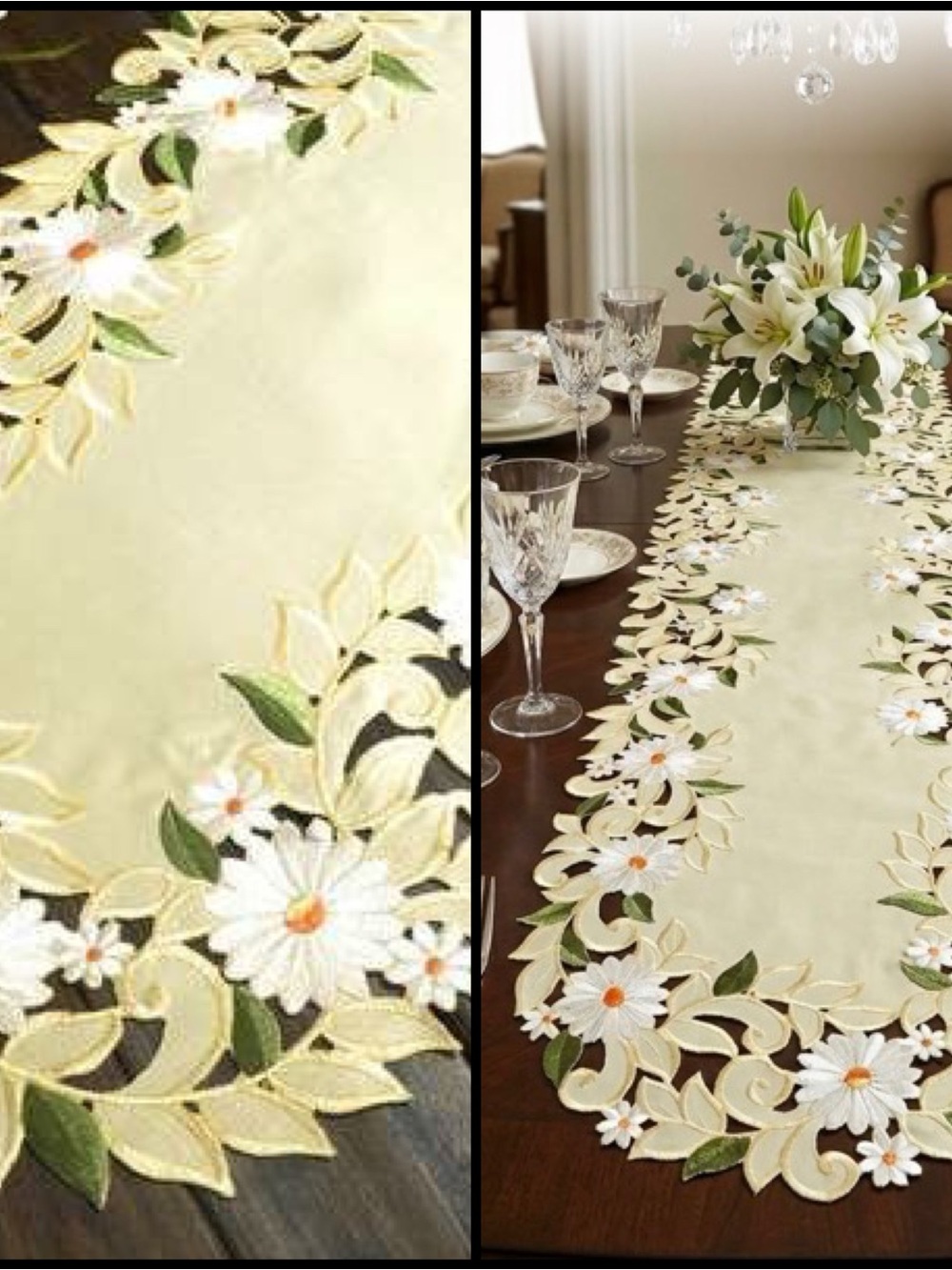Yellow Embroidered Floral Cut Work Lace Center Cottagevore Table Runner 44x15